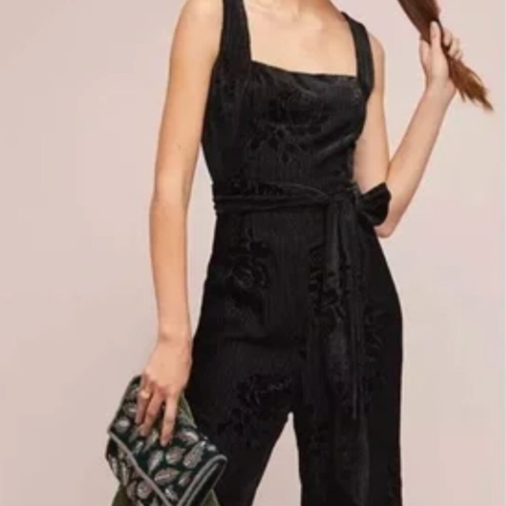 NWT Anthropologie Holiday Black rose floral burnout velvet jumpsuit ~ Sz 12